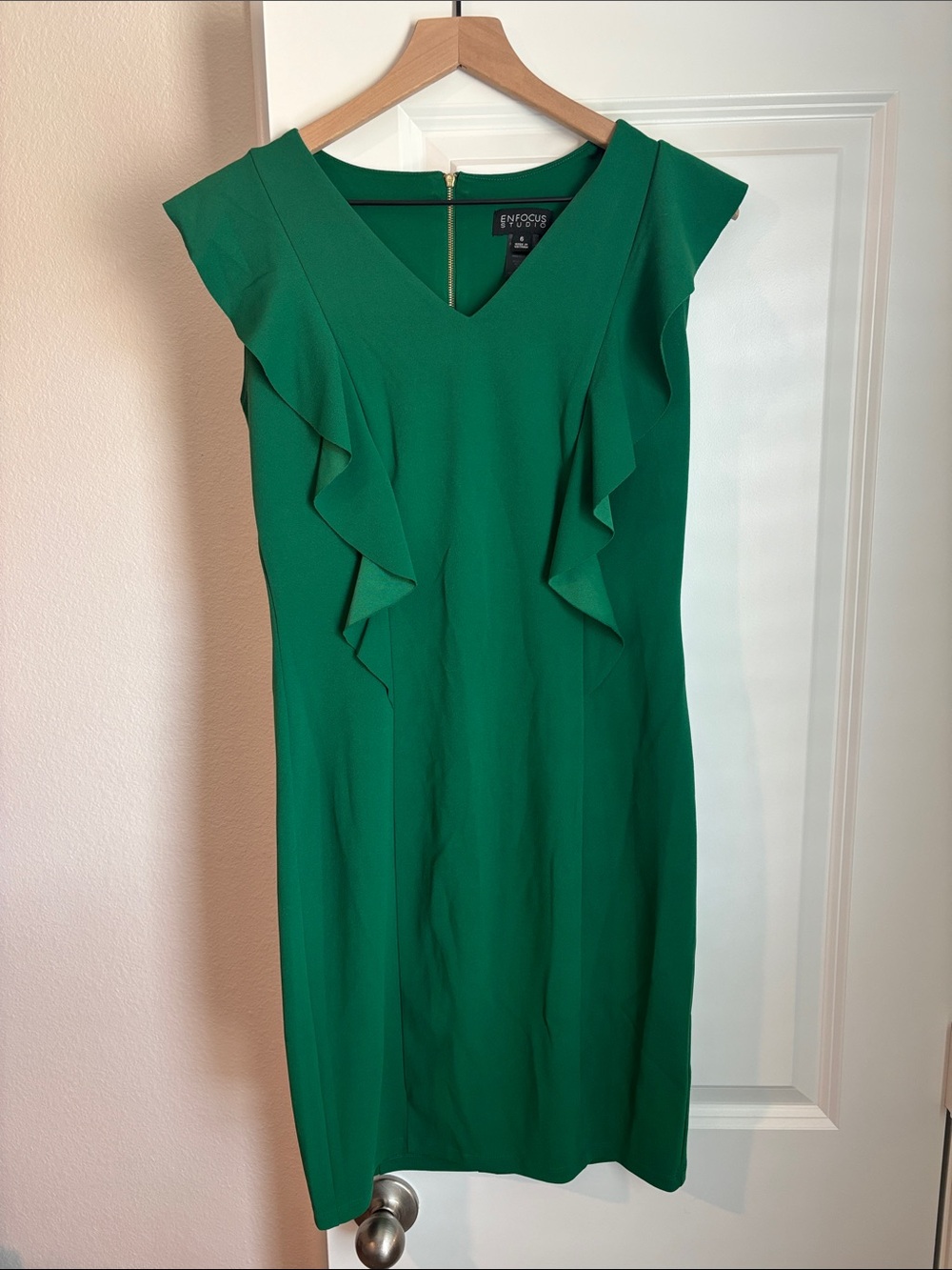 Enfocus Studio Emerald V-Neck Ruffle Sheath Dress